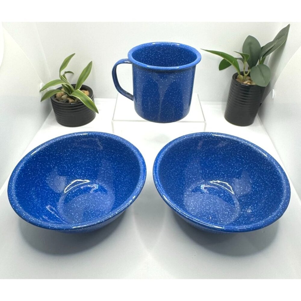 6" Enamelware Mixing Bowls & 10 Oz. Coffee Mug Set By Coleman Assorted Lot of 3